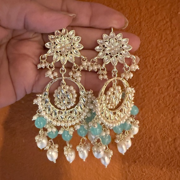 Karatkart Jewelry - Indian ethnic Silver Gold and Aqua Floral Chandelier Earrings